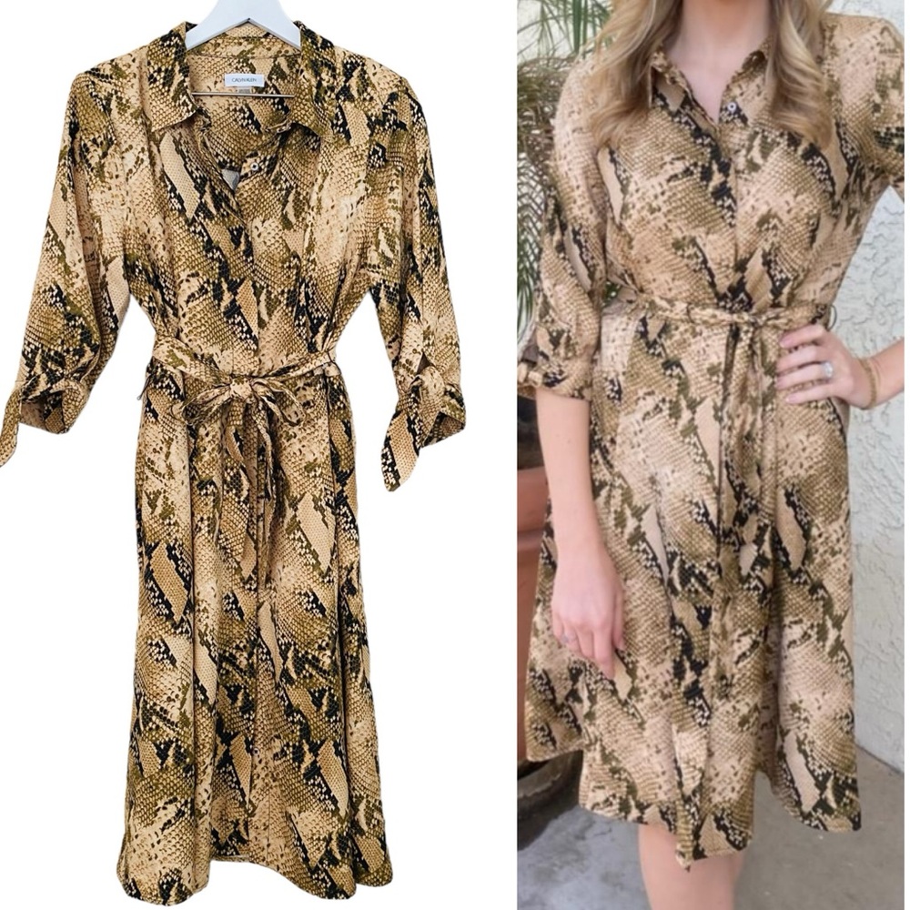 Calvin Klein NEW Snakeskin Animal Print 3/4 Sleeve Belted Midi Dress Size 8